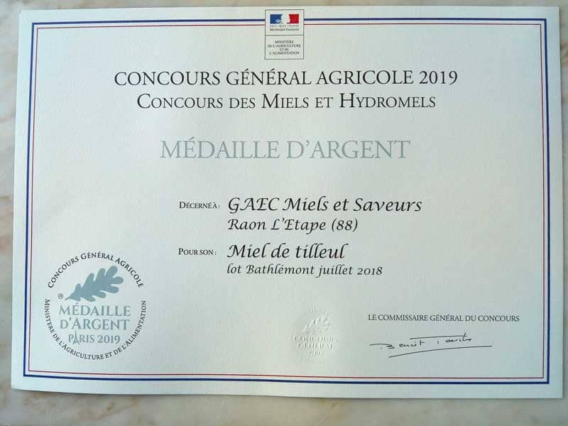 médaille d'argent 2019 miel de tilleul